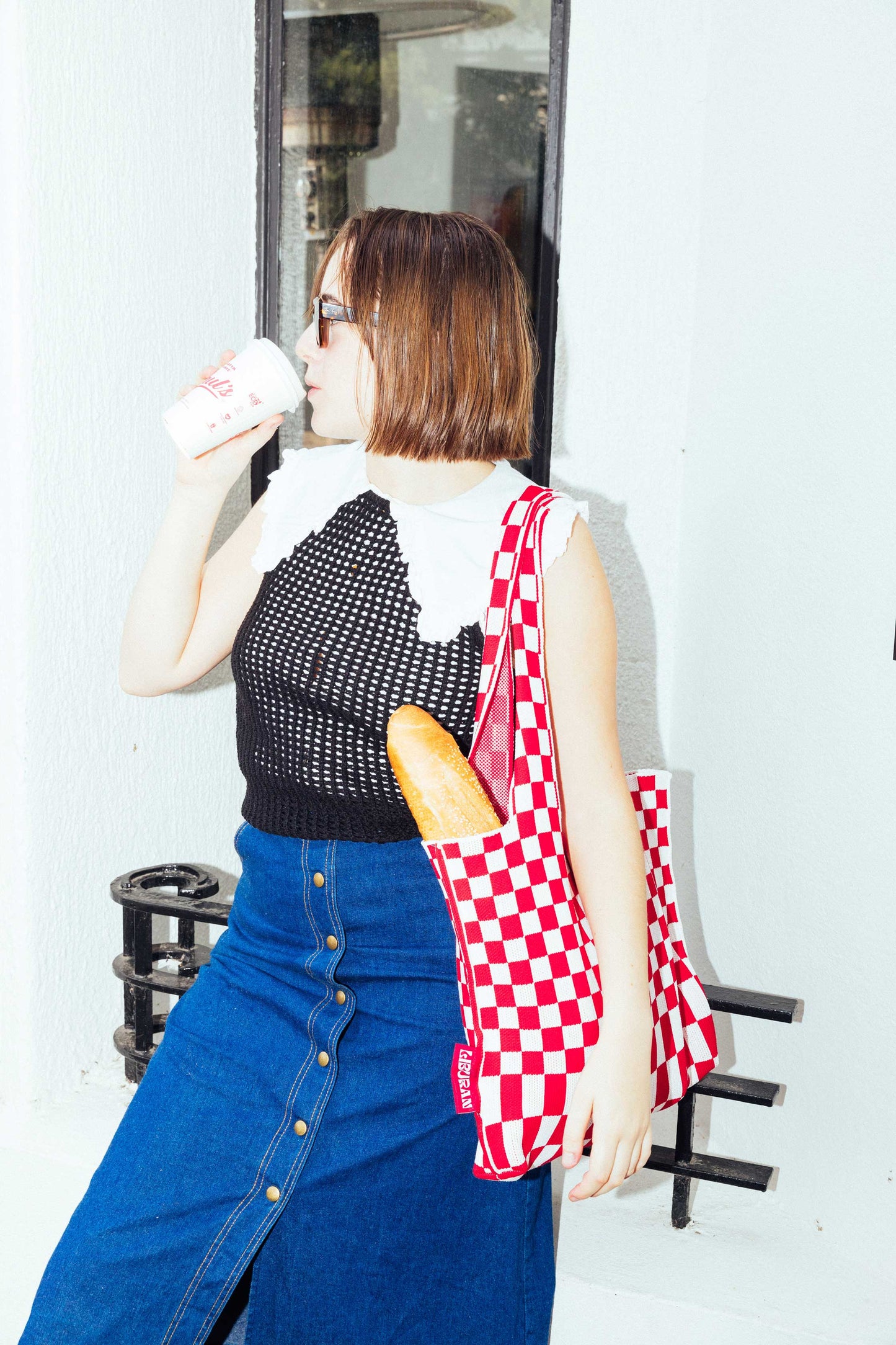 SAUL'S x LIBURAN Large Checkered Tote Bag – Red/White