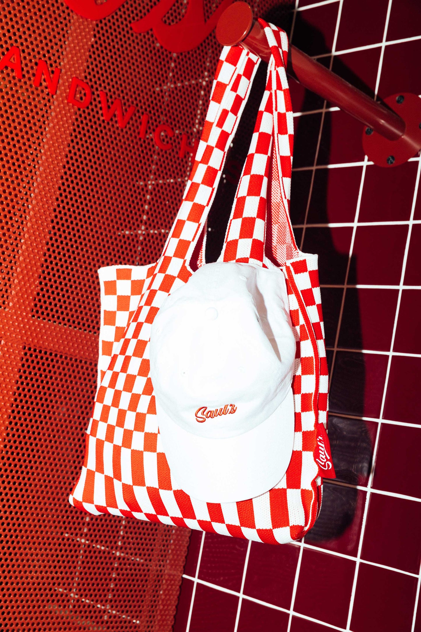 SAUL'S x LIBURAN Large Checkered Tote Bag – Red/White