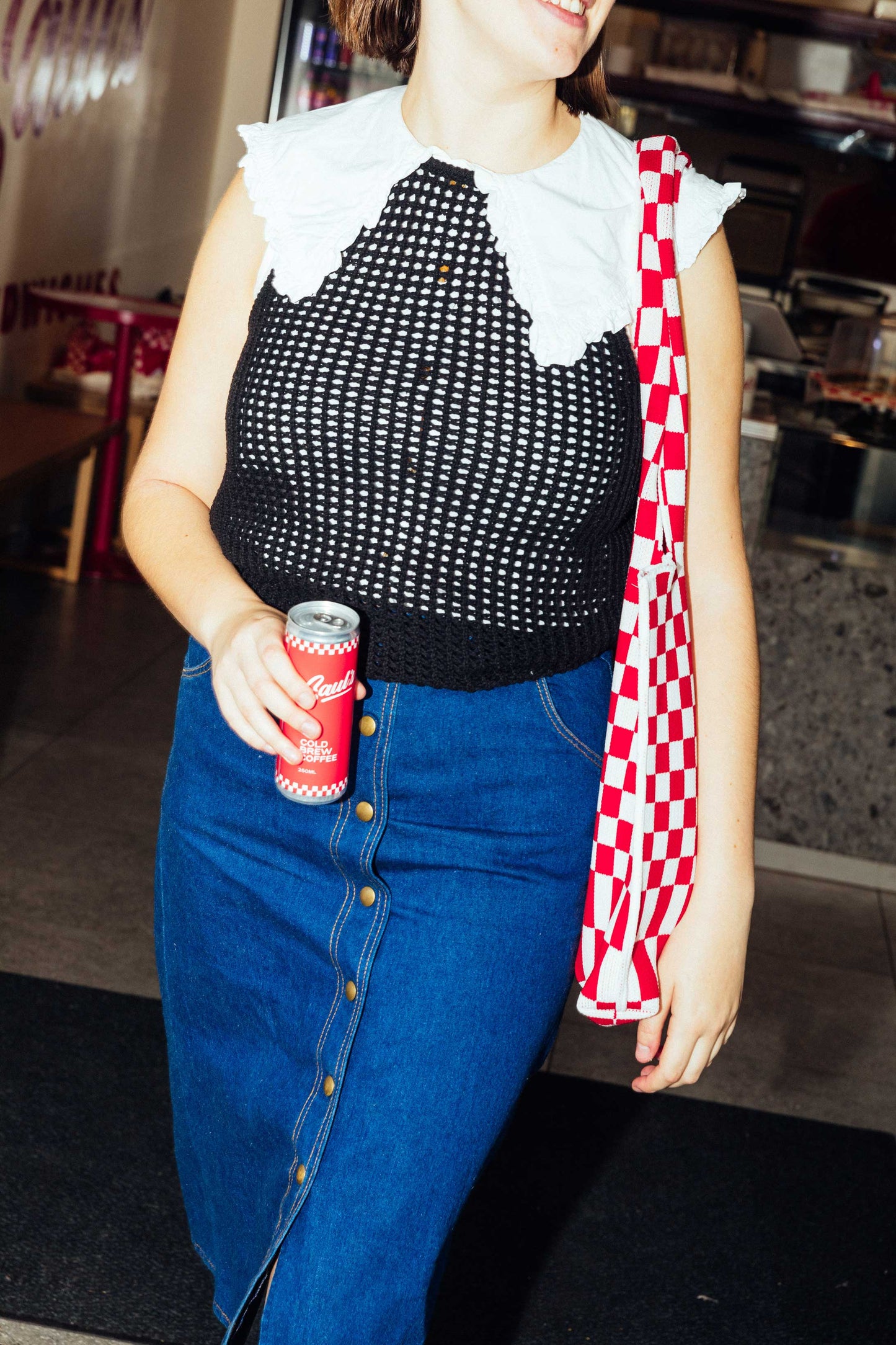 SAUL'S x LIBURAN Large Checkered Tote Bag – Red/White