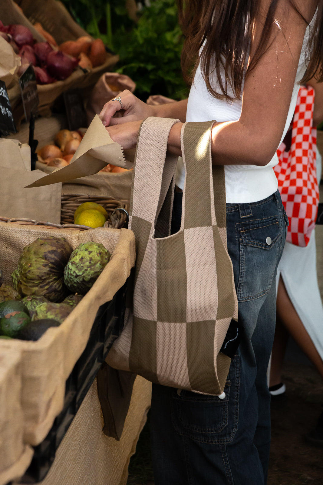 Liburan XS Checkered Tote Bag 2.0 – Peach/Oat