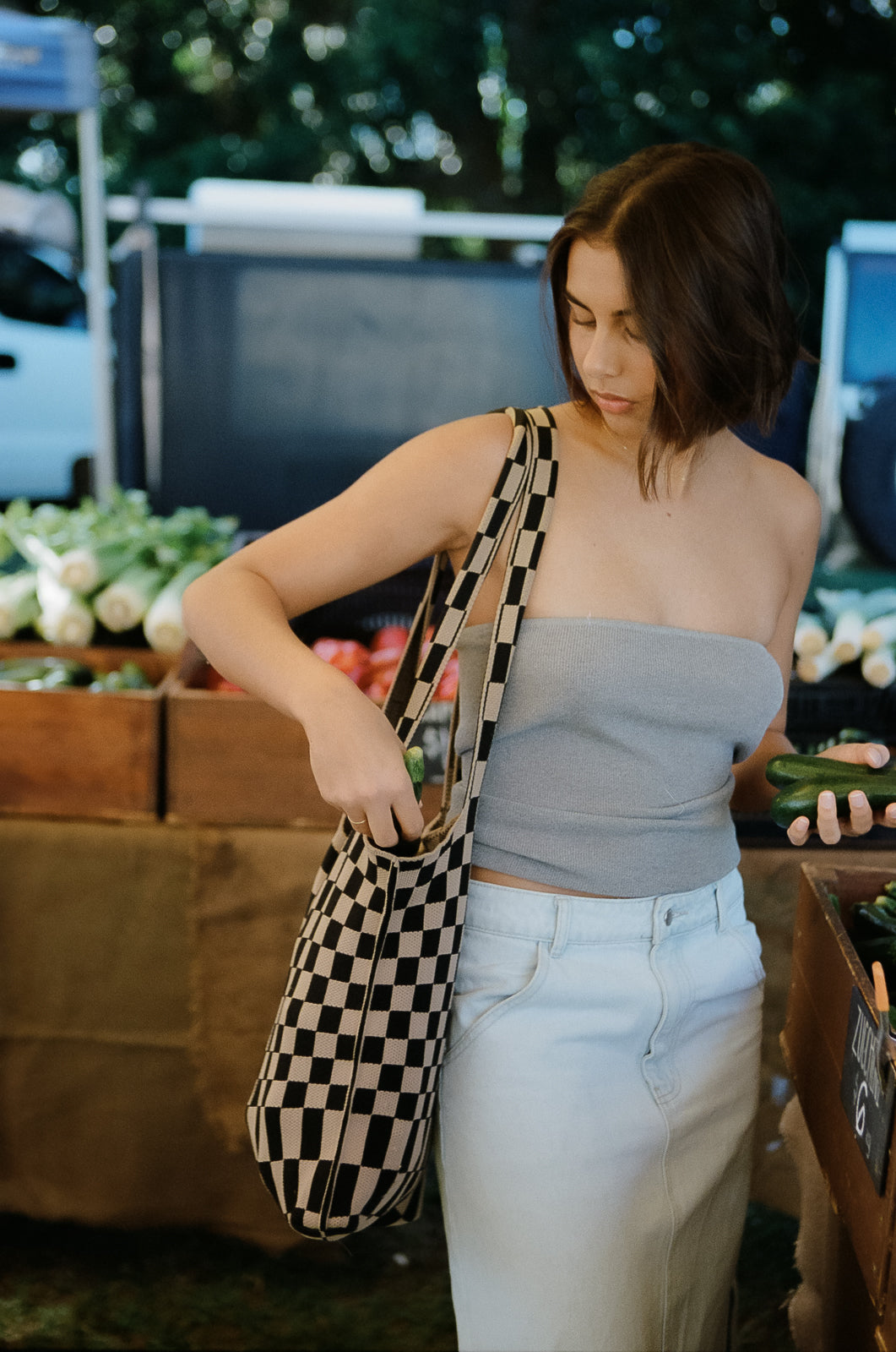 Liburan Large Checkered Tote Bag - Brown/Oat