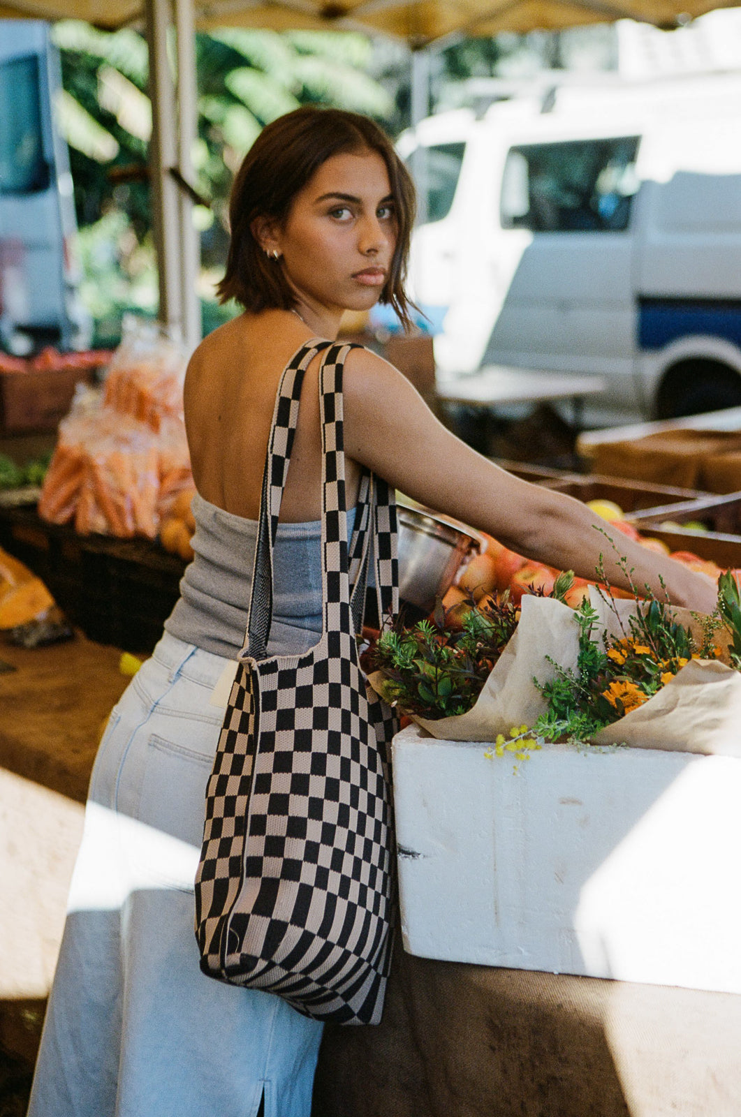 white checkered bag