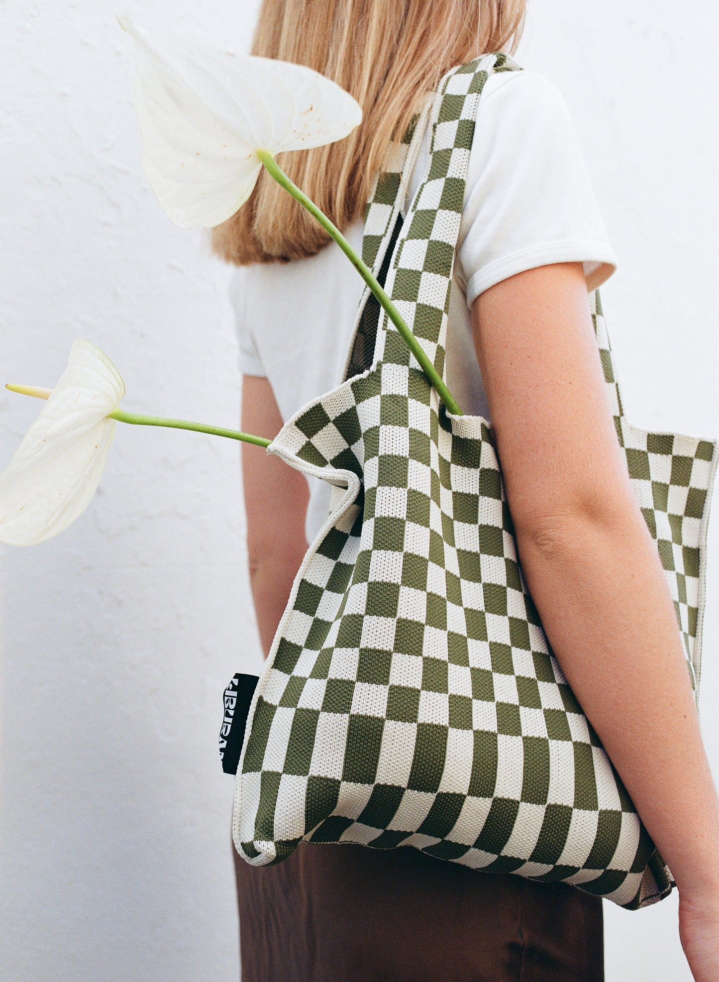 Liburan Large Checkered Tote Bag — Moss/Cream