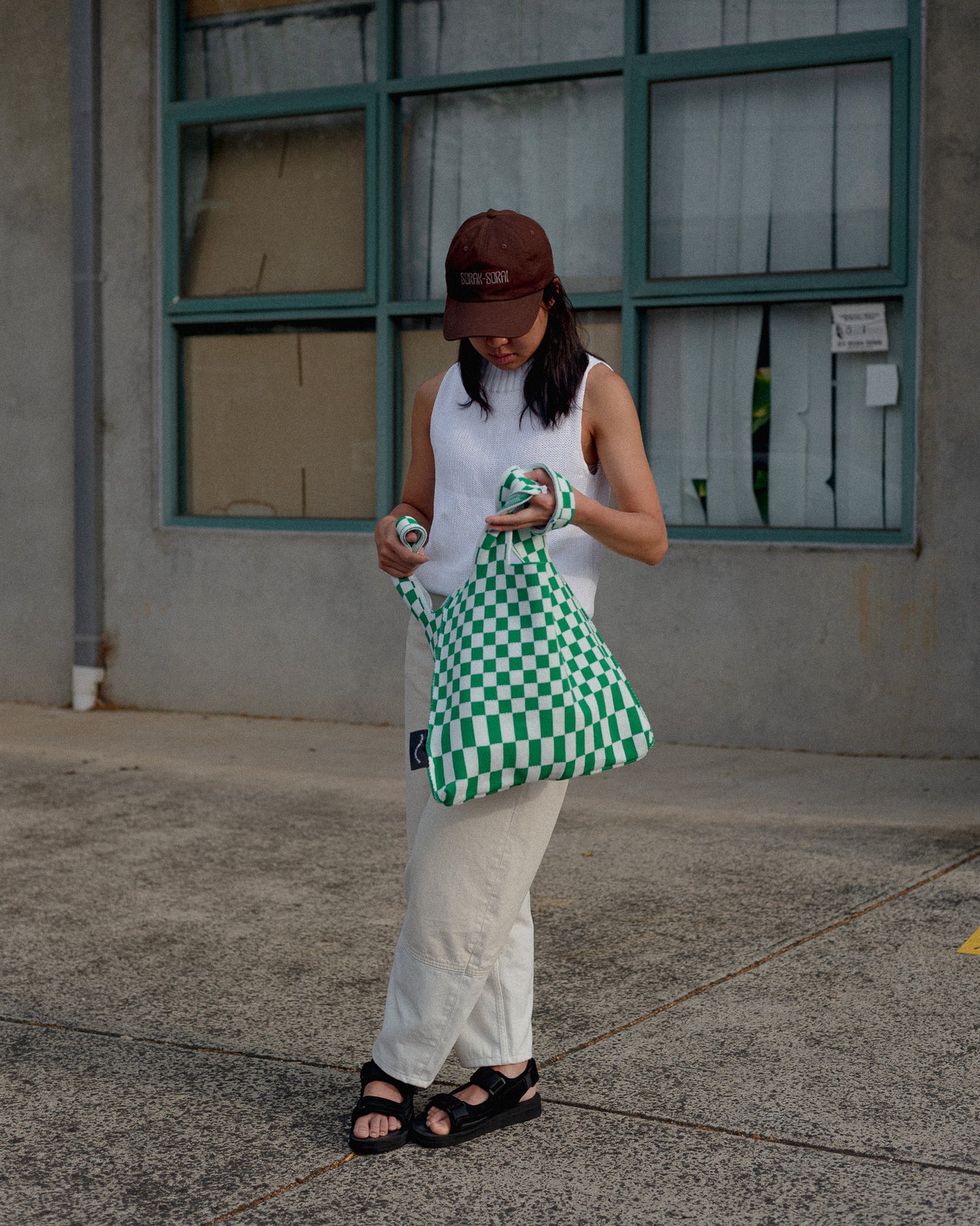 Liburan Large Checkered Tote Bag – Green/White